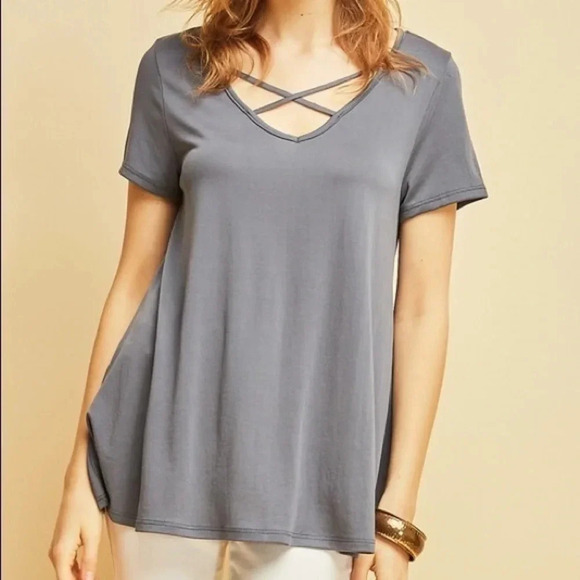 NWT entro boutique med grey crisscross v-neck basic modal top neutral layering - Picture 1 of 13